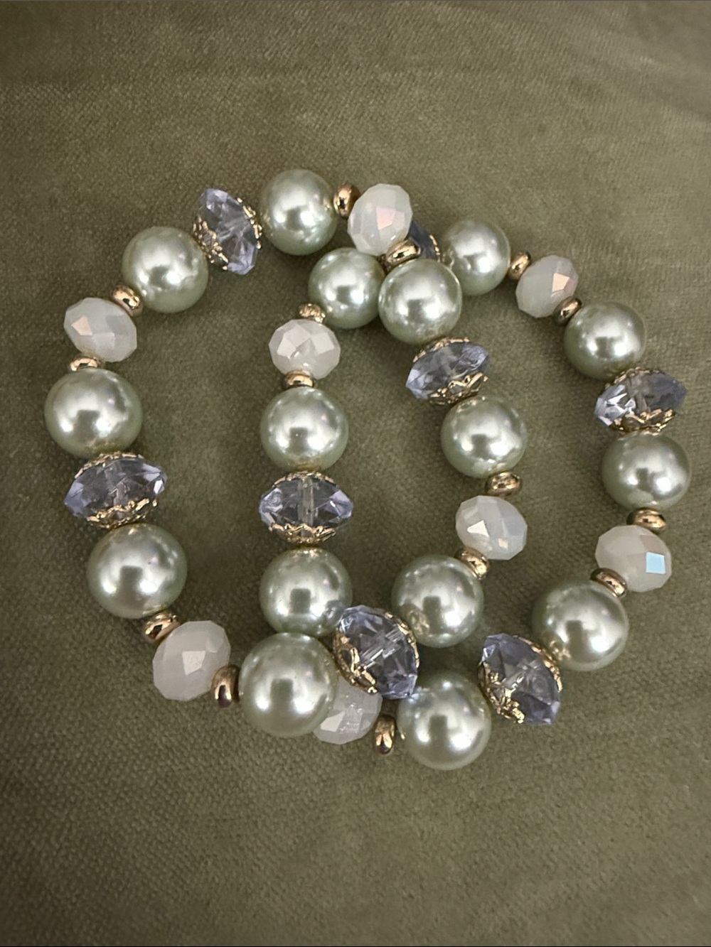 Set of 2: Elegant Sage Pearl and Crystal Stretch Bracelet - Women Jewelry